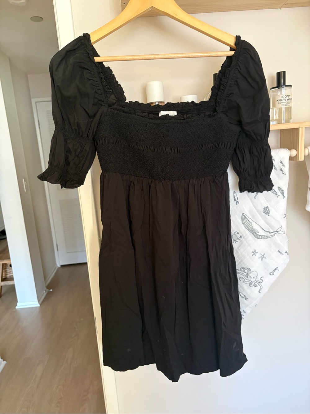 Reformation Black Smocked Puff-Sleeve Mini Dress